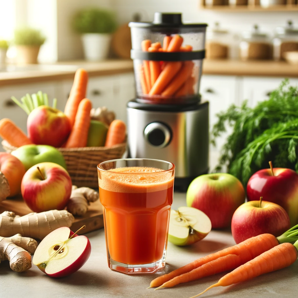 apple carrot ginger juice on kitchen table surrounded by fruit and vegetables